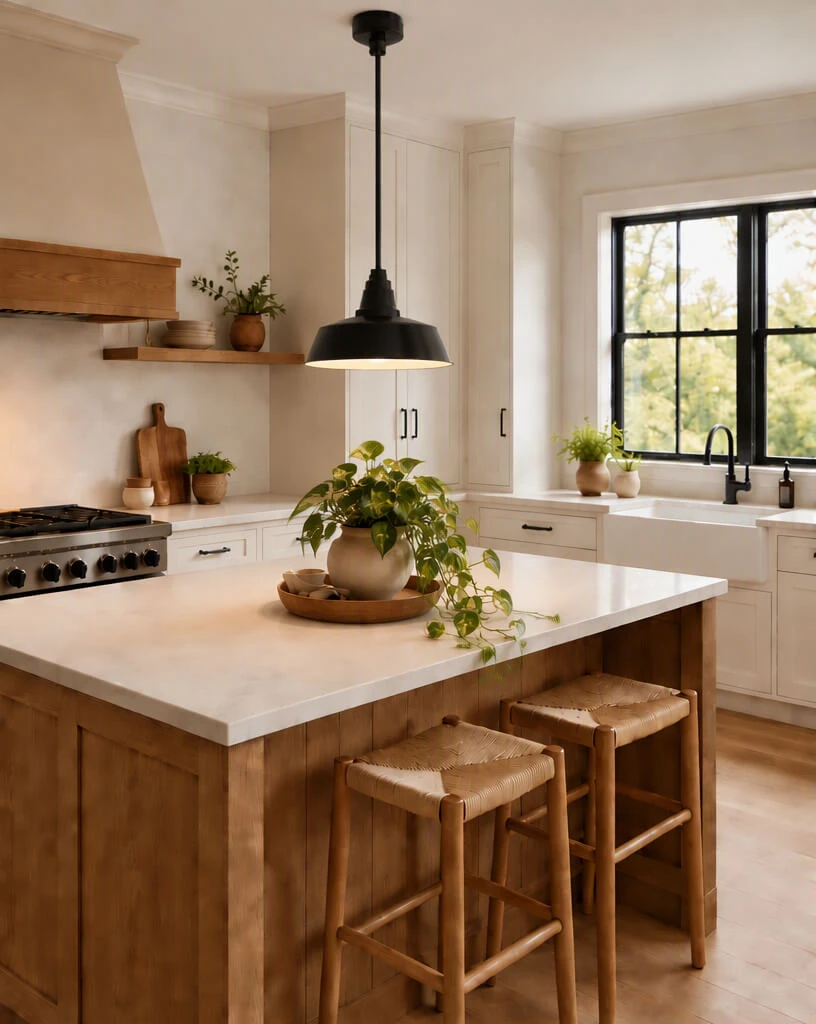 Black metal pendant light hanging above a kitchen island