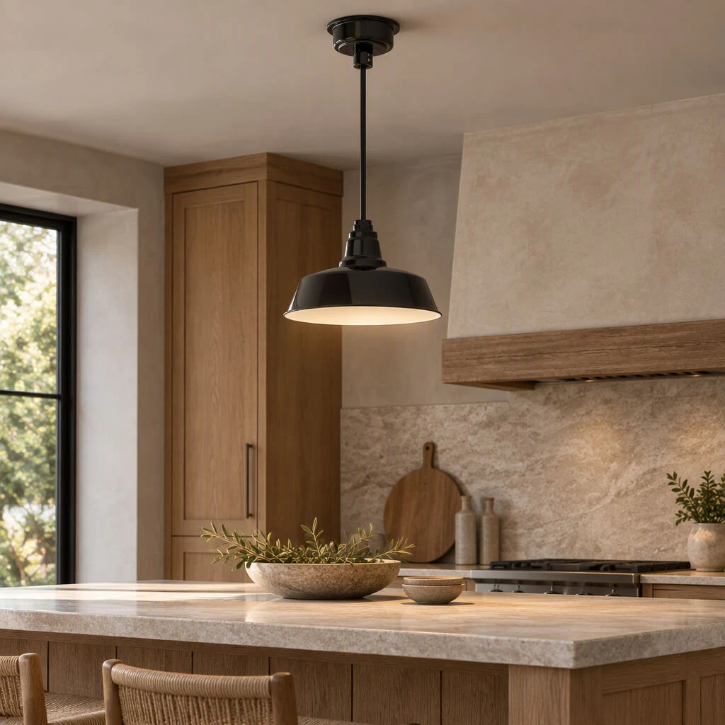 Black metal pendant light hanging above a kitchen island