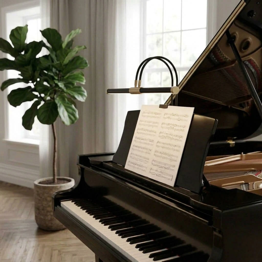 Black grand piano with a piano light illuminating sheet music