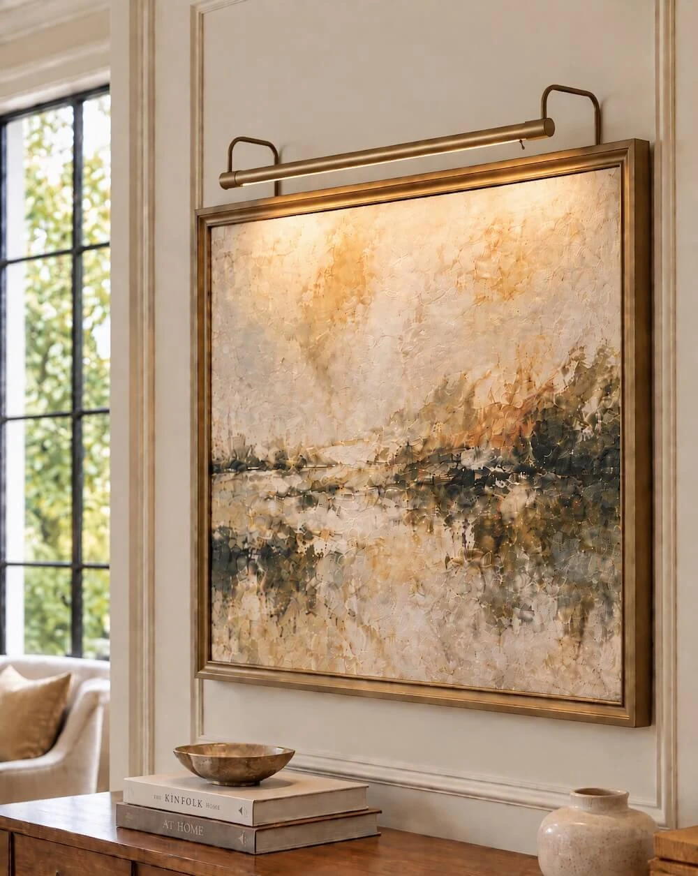 Elegant brass picture light illuminating framed artwork in a bright interior