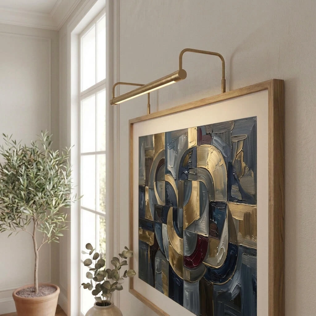 Elegant brass picture light illuminating framed artwork in a bright interior