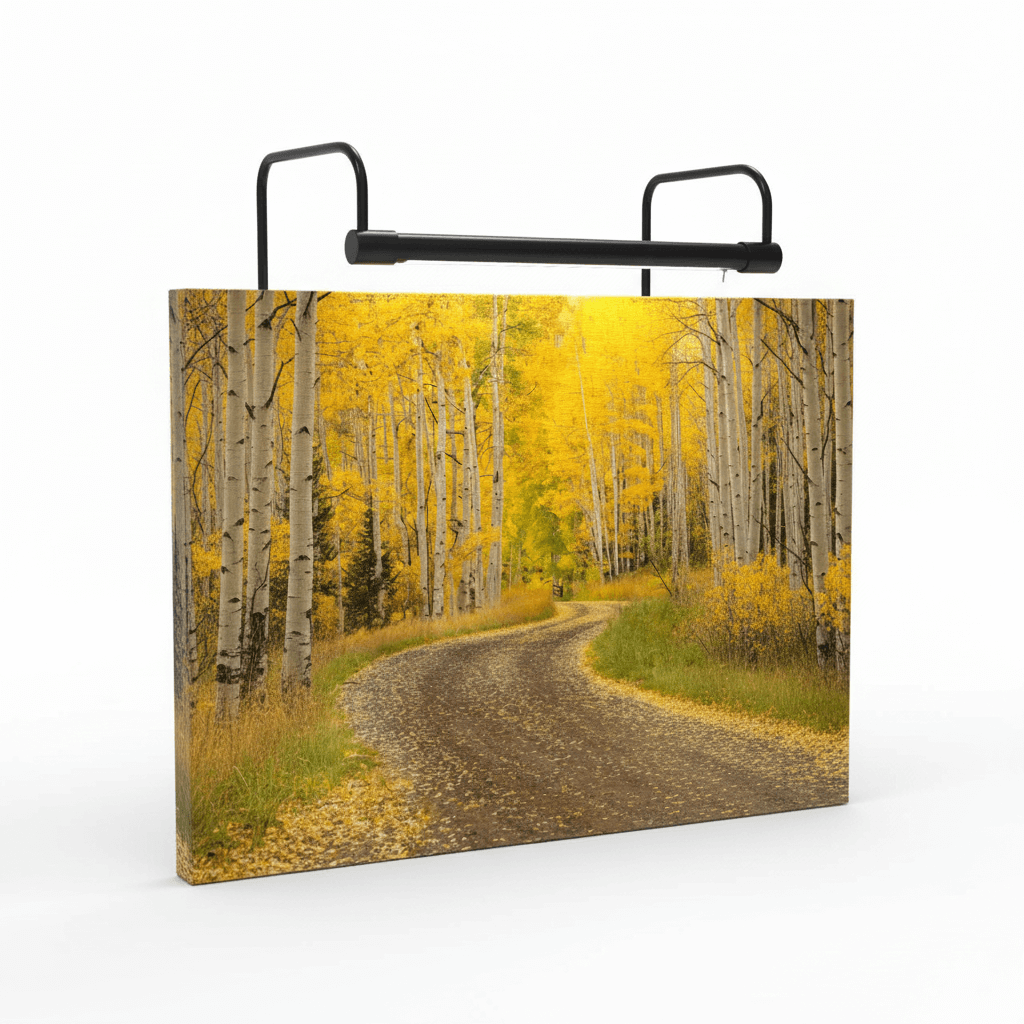 Curated artwork in a lighted interior