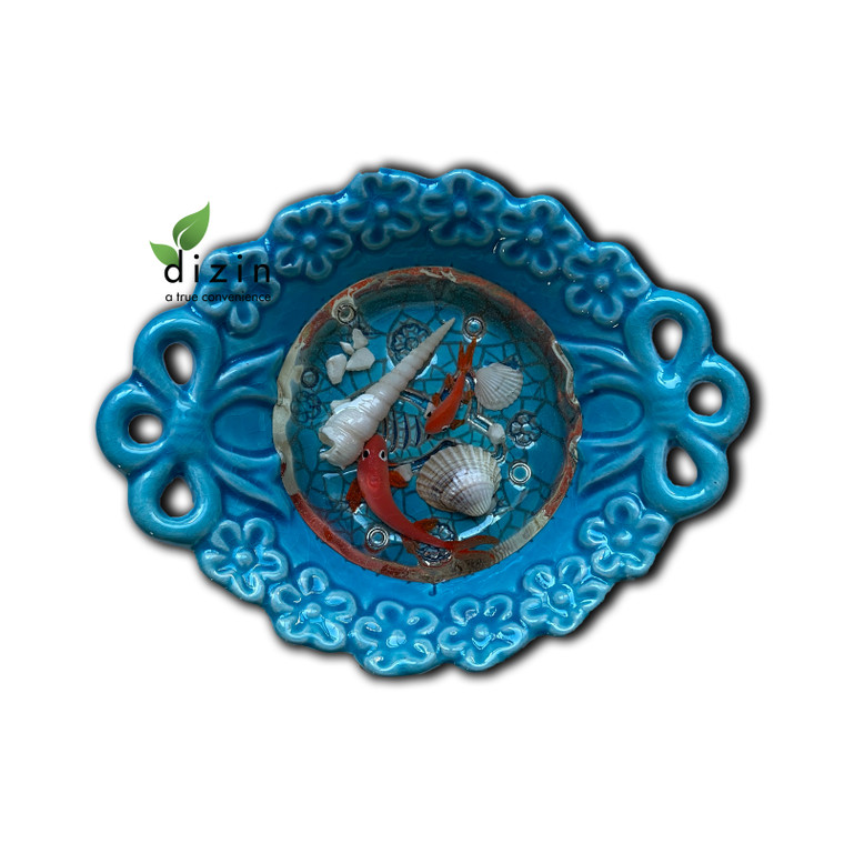 " تنگ سفالی  فیروزه ای با ماهی قرمز رزینی شب عید " - Hand Crafted Ceramic Fish Bowl with Resin 