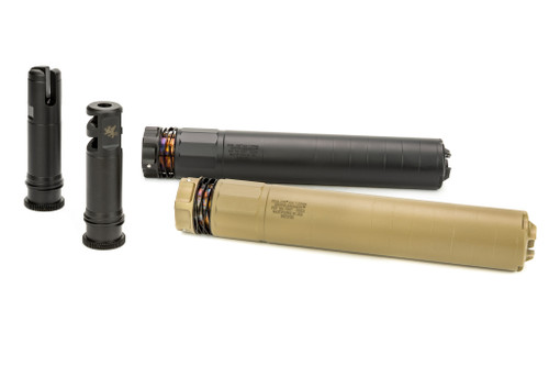 The DUAL-LOK™ PSR 7 suppressor comes in BLACK & FDE, pictured with compatible muzzle devices.
