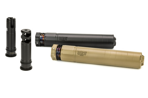 The DUAL-LOK™ PSR 5 suppressor comes in BLACK & FDE, pictured with compatible muzzle devices.