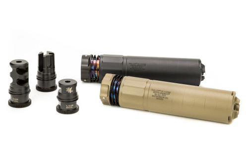 The DUAL-LOK™ 5 suppressor comes in BLACK & FDE, pictured with a few compatible muzzle devices.