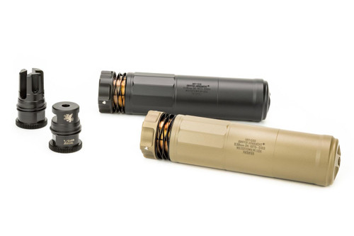 The DUAL-LOK™ HRT 556 suppressor comes in BLACK & FDE, pictured with a few compatible muzzle devices.