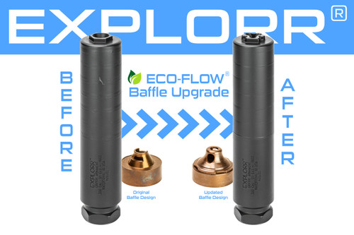 Two black silencers side by side showing the eco-flow baffle upgrade service from griffin armament for the generation 1 explorr sound suppressor