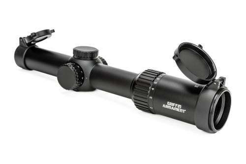 A black Griffin Armament 1-8x magnification low power variable optic LPVO rifle scope
