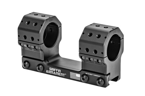 The Griffin Precision Mount (GPM™) Afford unmatched attachment versatility for accessories, backup optics, offset sites, or bubble levels by way of the Accessory Interface Suite (AIS™) with dowel pin alignment system. This is an image of a black Standard, unibody box scope mount Made in America from 6061-T6 aluminum. 