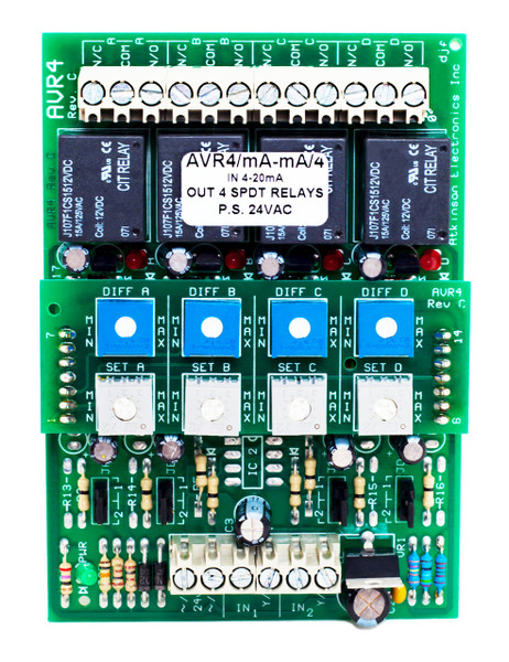 AVR4C:  4 Channel Adjustable Voltage Sensitive Relay Voltage Milliamp Input