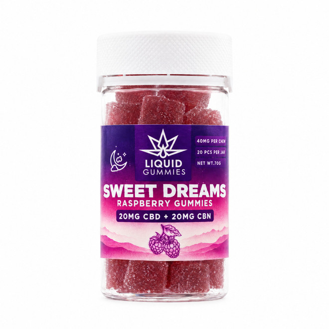 Sweet Dreams CBD + CBN Raspberry Gummies jar, 20mg CBD + 20mg CBN, 20 count