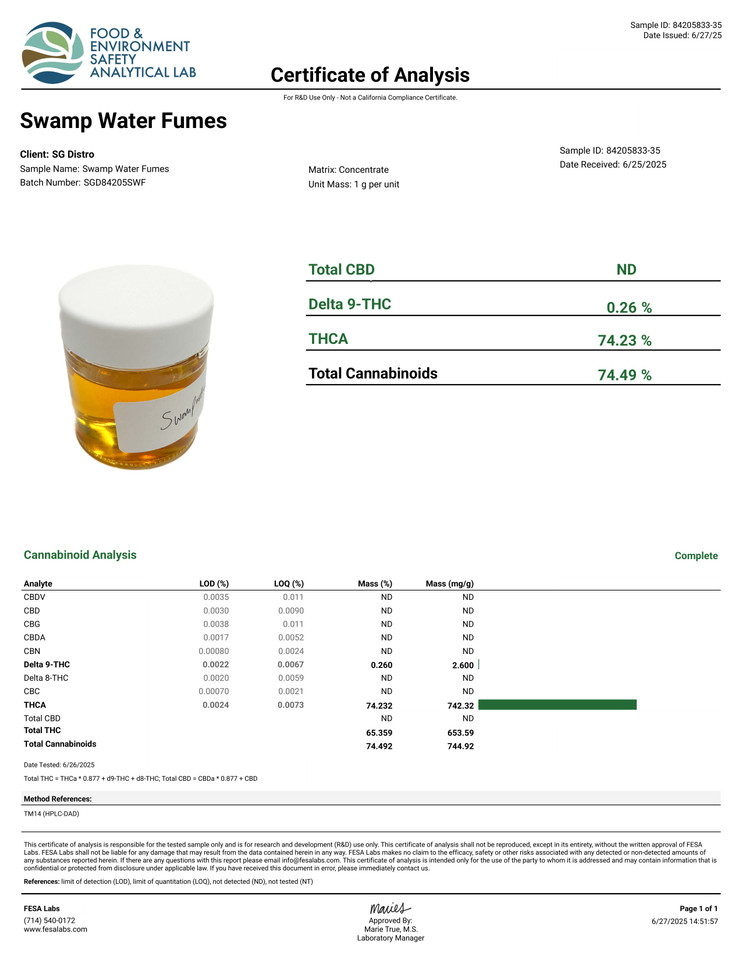 SWAMP WATER FUMES 0.5g ROSIN DISPOSABLE - INDICA