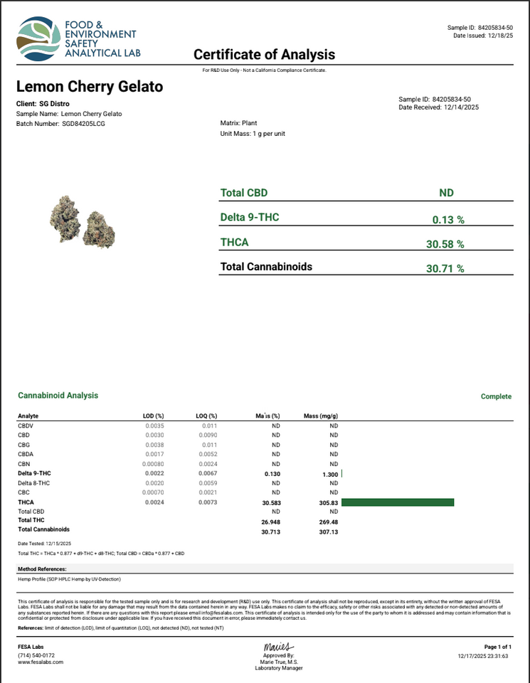 LEMON CHERRY GELATO *1oz SPECIAL* 30.58% THCA - HYBRID