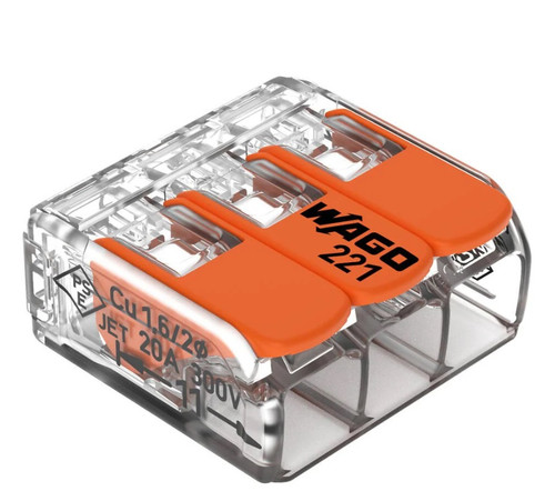 Wago Compact Lever Connector 3 Way Clear and Orange Box of 50 221-413