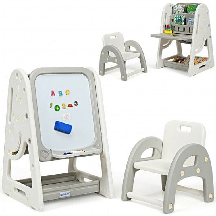 2-in-1 Kids Easel Desk Chair Set Book Rack Adjustable Art Painting Board-Gray - Color: Gray 2-in-1 Kids Easel Desk Chair Set Book Rack Adjustable Art Painting Board-Gray - Color: Gray