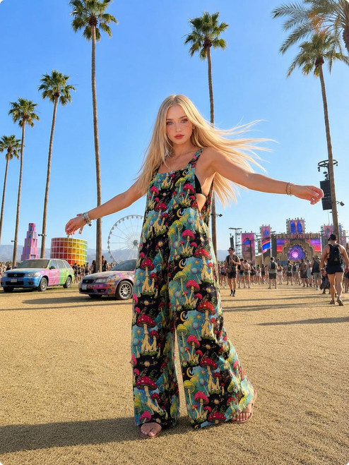 Cosmic Mushroom jumpsuit front view at festival