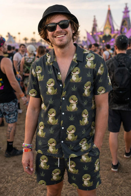 Dinosaurs w/ Weed Hawaiian Shirt and Shorts Set worn near festival main stage