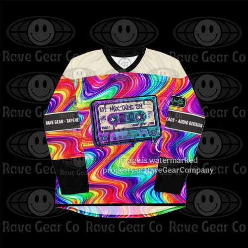 Tape Heads Lightweight Hockey Jersey front view rainbow tie-dye rave jersey with cassette tape graphic