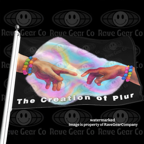 The Creation of PLUR funny rave art parody festival flag