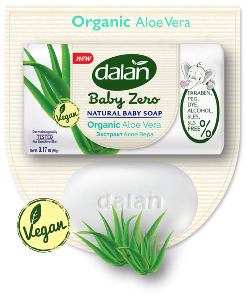 Dalan Baby Zero Natural Baby Soap, Organic Aloe Vera 90g

Moisturizing touch on your baby's delicate skin with Organic Aloe Vera

0% Paraben, Alkol, Dye, PEG, SLS, SLES
Dermatogically Tested For Sensitive Skin
Vegan
Fragrance Free
Calming Touch with Organic Chamomile
Moisturizing Touch with Organic Aloe Vera
Soft Touch with Organic Cotton
100% Vegetable Soap Base
Natural Baby Soap
Carefully cleans and nourishes your baby's delicate skin with its organic ingredients and natural soap base.

Dermatogically Tested For Sensitive Skin