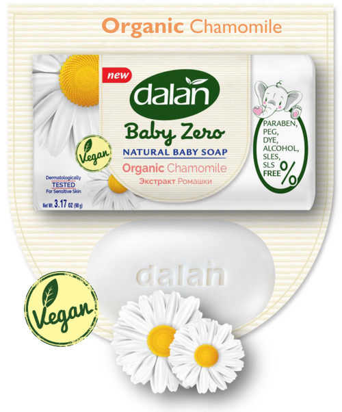 Dalan Baby Zero Natural Baby Soap, Organic Chamomile 90g

Calming touch on your baby's delicate skin with Organic Chamomile

0% Paraben, Alkol, Dye, PEG, SLS, SLES
Dermatogically Tested For Sensitive Skin
Vegan
Fragrance Free
Calming Touch with Organic Chamomile
Moisturizing Touch with Organic Aloe Vera
Soft Touch with Organic Cotton
100% Vegetable Soap Base
Natural Baby Soap
Carefully cleans and nourishes your baby's delicate skin with its organic ingredients and natural soap base.

Dermatogically Tested For Sensitive Skin