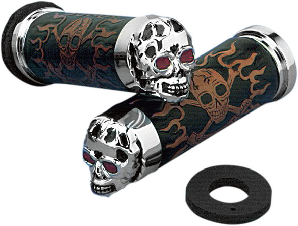 Drag Specialties Grips - Skull Grips - Red Eyes - Chrome
