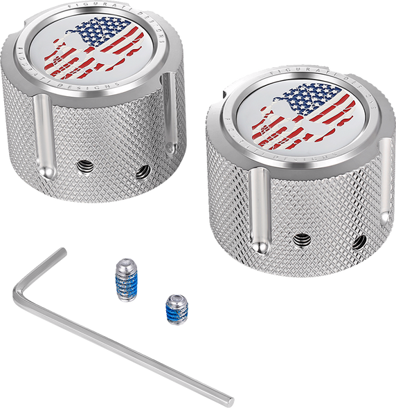 Figurati Designs Axle Nut Cover - Front - Stainless Steel - Red/White/Blue Flag Skull - Silver Fd24-Fac-Ss