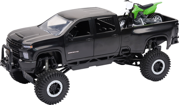 Chevrolet 3500Hd Offroad Pick Up W/ Dirt Bike - 1:32 Scale - Black/Green Ss-37596