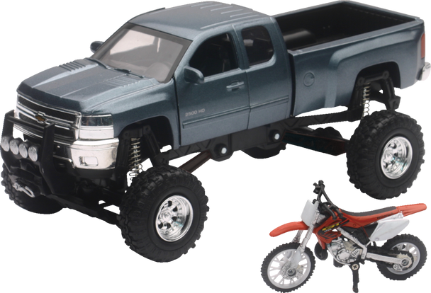 Chevrolet Silverado Offroad Pick Up W/ Honda Dirt Bike - 1:32 Scale - Gray/Black/Red Ss-54426
