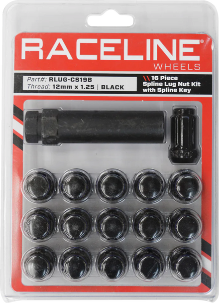 Raceline Wheels Lug Nuts - Spline Socket - 12 Mm X 1.25" - With Spline Key - Black - 16 Pack Rlug-Cs19B