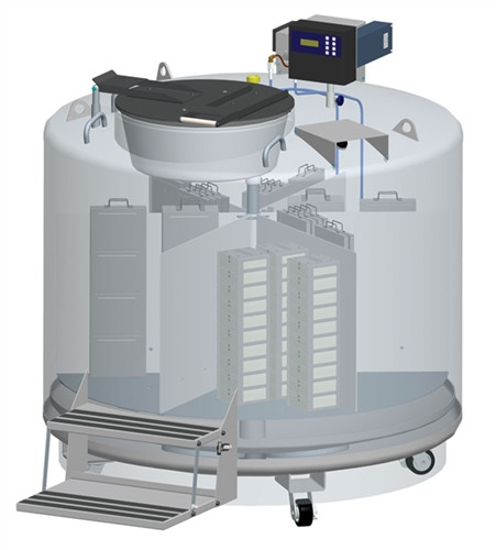 MVE 1894R-190AF-GB LN2 Freezer open lid from Cryo Associates – interior sample storage racks and stainless steel design