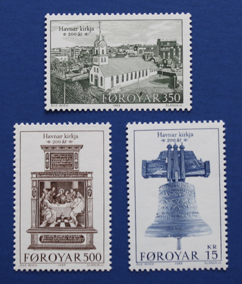 Faroe Islands (186-188) 1989 Havnar Church 200th Anniversary singles set