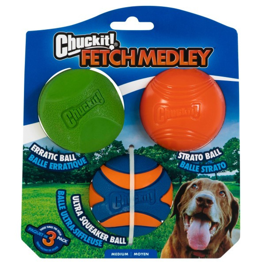 Fetch Medley 3 Pack - Erratic, Strato & Ultra Squeaker Ball - Medium 6.5 cm