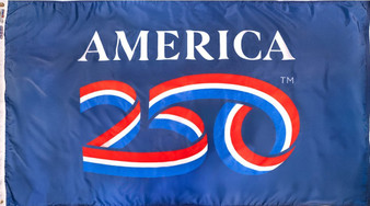 Red, white and blue ribbon spelling 250 across center of flag with light navy background and the letters America  in caps across the top