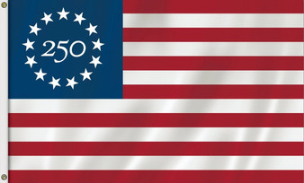 Betsy Ross US flag with circle of stars in blue field and 250 inside the circle of stars.