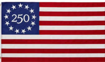 Betsy Ross circle of stars with the number 250 printed in center of the circle. Red and white stripes consistent with US flag.