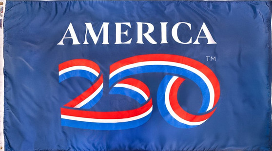 Red, white and blue ribbon spelling 250 across center of flag with light navy background and the letters America  in caps across the top