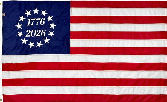 Betsy Ross circle of stars with the dates 1776/2026 printed in the center of the circle; red and white stripes consistent with US flag.