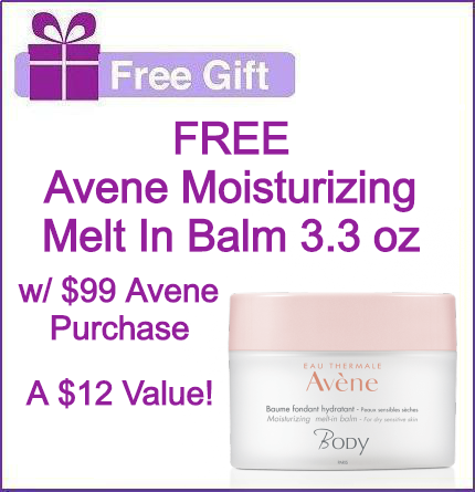 FREE Avene 3.3 oz Moisturizing Melt In Balm with $99 Avene Purchase FREE Avene 3.3 oz Moisturizing Melt In Balm