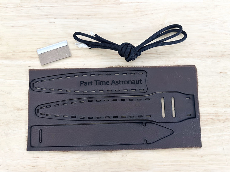 Marlinspike Leather Sheath kit with name engraved, along with black paracord and razor blade. Engraving available. Not included. 