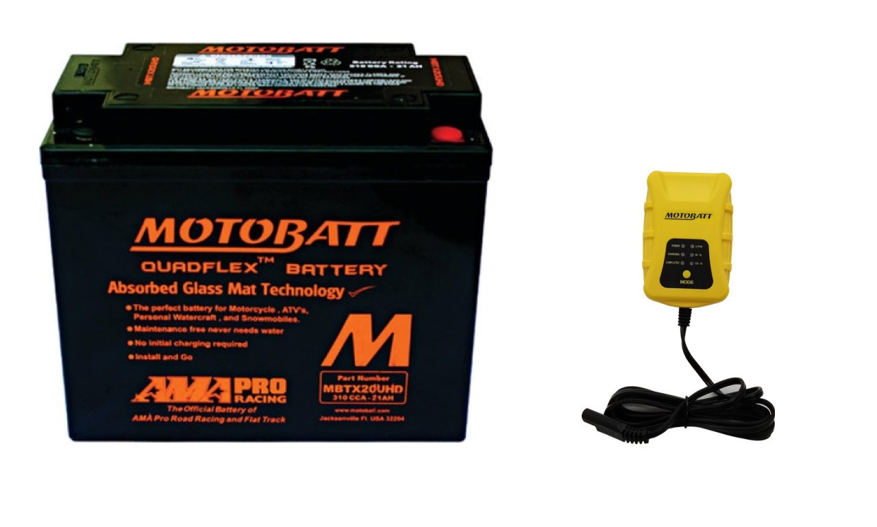 MotoBatt MBTX20UHD 21Ah AGM Battery bundle with MotoBatt PDCT1 12V/6V 1A  Charger