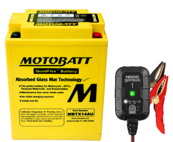 Combo - MotoBatt QuadFlex MBTX14AU 12V 16.5 Ah 250 CCA AGM Powersports Battery plus NOCO GENIUS1 6V/12V 1-Amp Smart Battery Charger