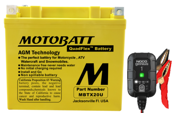 Combo - MotoBatt QuadFlex MBTX20U 12V 21 Ah 330 CCA AGM Powersports Battery plus NOCO GENIUS1 6V/12V 1-Amp Smart Battery Charger