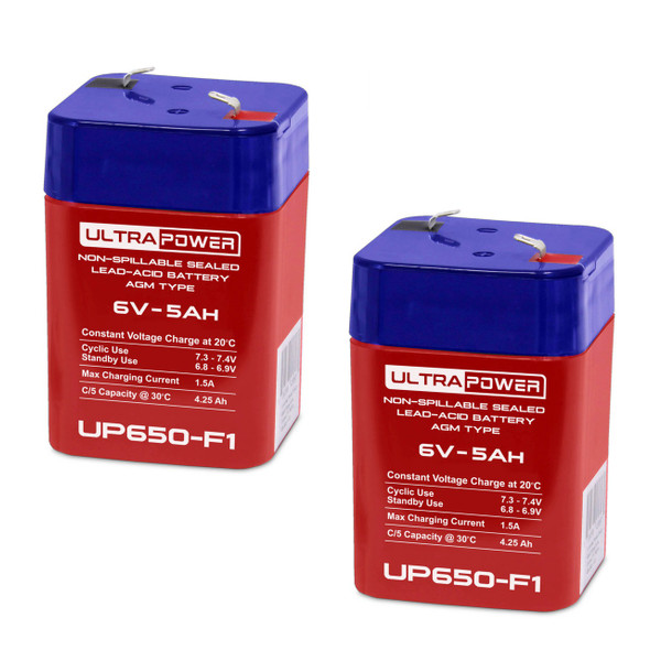 ULTRAPOWER UP650-F1 6V 5Ah F1 Rechargeable Maintenance-Free Absorbent Glass Mat (AGM) Battery - 2 Pack