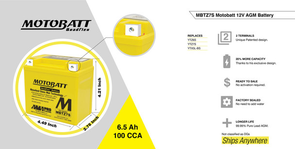 MotoBatt MBTZ7S 12V 6.5 Ah 130 CCA NB Terminal Sealed Lead Acid (SLA) AGM Battery replaces YTX5L-BS YTZ6S YTZ7S ETZ7S