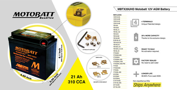 MotoBatt MBTX20UHD 12V 21 Ah 310 CCA NB Terminal Sealed Lead Acid (SLA) AGM Battery replaces YTX20 YTX20L YTX20BS YTX20HBS YTX20LBS YTX20HLBS YTX20HLBSPW YTX20H YTX20HL YTX20HLPW