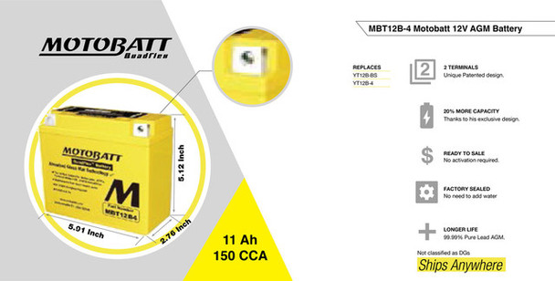 MotoBatt MBT12B4 12V 11 Ah 150 CCA NB Terminals Sealed Lead Acid (SLA) AGM Maintenance Free Battery replaces Yuasa YT12BBS YT12B4