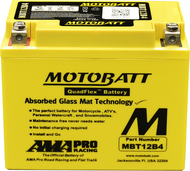 MotoBatt MBT12B4 12V 11 Ah 150 CCA NB Terminals Sealed Lead Acid (SLA) AGM Maintenance Free Battery replaces Yuasa YT12BBS YT12B4