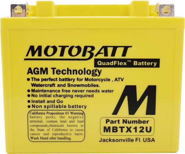 MotoBatt MBTX12U 12V 14 Ah 200 CCA NB Terminal Sealed Lead Acid (SLA) AGM Battery replaces Yuasa YB12BB2 YTX12-BS YTX12 ETX12 PC545 YTX12-BS ETX-12 CTX12-BS PS12-BS PTX12-BS STX12-BS XCA160R12